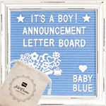 Blue Felt Letter Board Baby Announcement Sign with Rustic Wood White Frame - Rustic Farmhouse Letter Board Sign with Stand - 10x10 Felt Board Changeable Message Board with 350 Letter Set