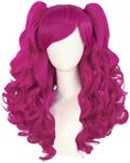 Anogol Wig Cap +Hot Pink Lolita Wig Rose Red Wig with Ponytails Long Pink Curly Wigs with Bangs Double Ponytails Long Red Pink Curly Wig Pink 2 Pigtails Wig for Women Cosplay Costume Halloween Party