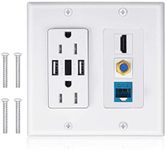 2 Power Outlet 15A with Dual 3.6A USB Charger Port Wall Plate with LED Lighting, IQIAN 1 HDMI HDTV + 1 CAT6 RJ45 Ethernet + Coaxial Cable TV F Type Keystone Face Plate White …