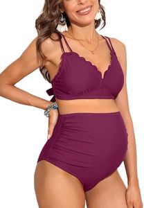 Charmo Maternity Swimsuit Bikini Set High Waist Two Piece Bathing Suit Scallop Trim Pregnancy Swimwear Dark Magenta XL