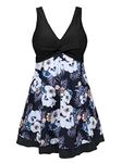 MiYang Women's Plus Size Printing Padded High Waist Swimdress, Black Flower, 16-18