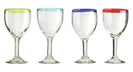 Amici Home Baja Goblets, Set of 4, 12-Ounce Wine Glasses, Handmade Mexican Glassware for Red or White Wine, Cocktails, Dishwasher Safe (Assorted Colored Rims)