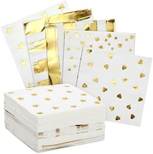 BLUE PANDA 100 Pack White & Gold Disposable Floral Paper Napkins, 5x5 Inches, Decorative Napkins for Wedding Reception, Birthday, Anniversary