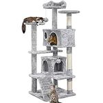 Yaheetech 54in Multi-Level Cat Tree with Sisal-Covered Scratching Posts, Plush Perches, Double Condos and Replaceable Dangling Balls Light Gray - for Kittens, Cats and Pets