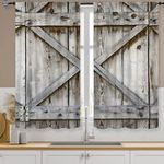 Famiffty Wooden Barn Door Kitchen Curtains Rod Pocket Rustic Gray Vintage Farmhouse Western Small Cafe Tier Curtains Village Rust Cabin Window Treatment Drapes Home Decor(27.5W X 39L Inch 2 Panels)