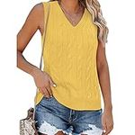 Fisoew Women's Sleeveless V-Neck Vintage Sweater Knitted Vest Casual Preppy Style, Yellow, Medium