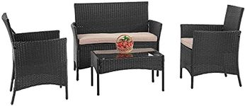 Patio Furniture 4 Pieces Outdoor Indoor Use Rattan Chairs Wicker Patio Loveseats Conversation Sets with Table and Beige Cushions for Backyard Lawn Porch Garden Balcony,Black