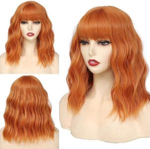 RemyAeki Short Wavy Ginger Wigs with Bangs for Women Curly Bob Wigs Ginger Color Shoulder Length Wigs for White Women Synthetic Women Costume Bangs Wigs for Cosplay 14 Inch