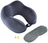 Amazon Basics Memory Foam Premium Travel Neck Pillow + Sleeping Eye Mask + Noise Isolating Ear Plugs Combo| Extra Comfortable | Super Soft Velvet Fabric I Grey
