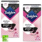 Bodyform Dailies Black Panty Liners for Women Designed for Black Underwear Super Absorbent, Odour Absorbent | V-Zone Protection | Pack of 2X 21 (42 Liners) Including Oerich Motivational Sticker