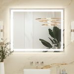 Keonjinn 100x80cm Bathroom Mirror with Led Lights, Antifog Vanity Mirror Back and Frontlit 3 Colour Dimmable Illuminated Wall Mounted Rectangle Mirrors