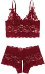 SweatyRocks Women's 2 Piece Lingerie Set Sheer Lace Cut Out Bra and Panty Teddy Lingerie Burgundy M