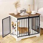 Hzuaneri Dog Crate Furniture, 81cm Double Door Dog Crate with Barn Door, Dog Kennel Indoor, End Side Table Wooden Dog Crates for Small Medium Large Dog, Anti-Chew Anti-Escape White Brown