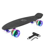 BELEEV 22 inch Skateboard Complete Cruiser Mini Skateboard for Kids Teens Adults & Beginners, PU LED Flashing Wheels with All-in-One Skate T-Tool (Black)