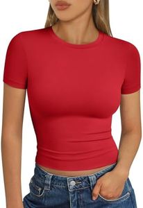Trendy Queen Womens Basic T Shirts Scoop Neck Short Sleeve Crop Tops Slim Fit Summer Tees Y2k Clothing 2025 Red M