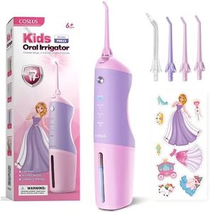 COSLUS Kids Water Dental Flosser Deep Cleaning Picks, Portable, 4 Modes for Ages 6+ Safe Waterproof Flosser Rechargeable with 4 Jet Tips for Gums Care F5023 Pink Purple