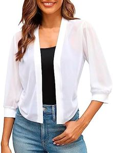 Women Puff Sleeve Bolero Open Front Summer Cropped Sheer Jackets Cardigan Jackets Under, White, Medium