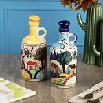 The Decor Lane Ceramic Blue Floral Art 1000 ml Hanpainted Oil Dispenser for Kitchen, Oil Bottle, Oil Container for Kitchen Storage Ideal Gifting and for kitchen - Set of 2 (Hut Paintings)
