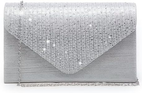 Dasein Women Satin Evening Bag Rhinestone Clutch Purse Wedding Prom Purse Formal Cocktail Party Handbag (Silver)