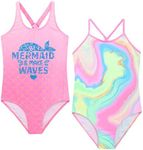 Mecamelon Girls One Piece Bathing Suit Unicorn Mermaid Printed Beach Swimwear, Pink Oceans, 12-13 Years