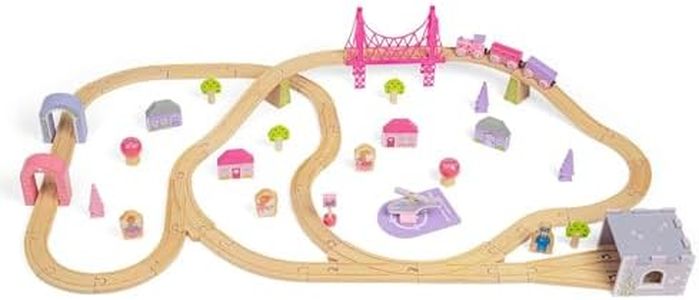 Bigjigs Rail Fairy Town Wooden Train Set | Railway Toy for Kids Age 3+ | Wood Track with Model Fairytale Village | Comes with Pink Wood Accessories & Figures | Educational Gift for Girls and Boys
