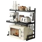 Expandable and Height Adjustable Microwave Oven Rack, 3-Tier Shelf Heavy Duty Stand Countertop Kitchen Utensils Tableware Storage,Seasoning/Toaster/Rice Cooker Rack with 6 Hook (Black, 3 Tier)