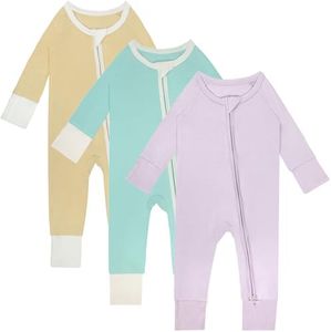 Gaiibbt 3PACK Baby Rompers Footless 2 Way Zipper Long Sleeve Pajamas aqua green+lilac+light yellow 0-3 M