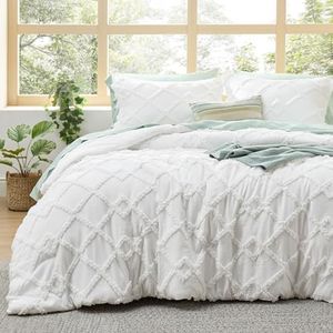 Bedsure Boho Comforter Set Twin - White Tufted Twin Size Comforter, 2 Pieces Farmhouse-Style Embroidery Bed Set, Soft Fluffy Geometric Pattern Bedding for All Seasons