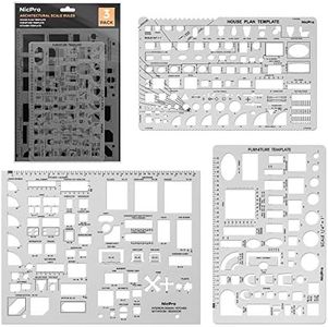 Nicpro Architectural Drafting Tools, 3 PCS Templates for House Plan Furniture Kitchen, Building, Interior Design CAD Drawing , Geometry Measuring Template Ruler Supplies