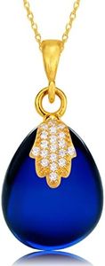 Amberistan Amber Jewelry for Women – Yellow Gold Plated Silver Hamsa Hand and Amber Pendant Necklace for Adult – 18” chain - 0.8x0.6” Puff Drop Pendant, Red, Green And Blue Amber, 18 inch, Sterling Silver, Amber