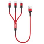 RAVIAD Multi Charger Cable Short [0.5M] 3 in 1 Charging Cable USB Cable Phone Charger Cable with Lightning + USB C + Micro Connector for Phone, Android Samsung Galaxy, Huawei, Oneplus, Kindle- Red