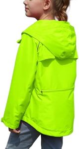 MODAFANS Girls Sporty Rain Jacket Waterproof Packable Lined Running Cycling Reflective Hooded Windbreaker,Sharp Green,14-15Years