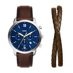 Fossil Men's Neutra Gift Set Chronograph Stainless Steel Watch, Color: Silver/Brown Bracelet Set (Model: FS6018SET)