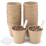 KINGLAKE 50 Pcs 8cm Fibre Plant Pots Biodegradable Seed Pots Round Seedling Pots with 100 Plant Labels for Growing Vegetables, Fruit, Herb, Flower