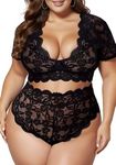 JuicyRose Plus Size 2 Piece Lingerie Set for Women Sexy Deep V Allover Lace Bra and Panty High Waist Nightwear Clubwear, Black, XX-Large