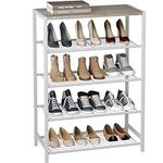 HOME BI 5 Tier Shoe Rack, Industrial Metal Shoe Storage Organizer,Small Shoe Shelf Narrow Shoe Bench Racks with Wood Top for Closet, Hallway, Entryway, Living Room, White