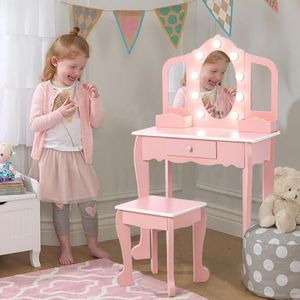 Garveehome Kids Vanity Table and Chair Set with Light, Girls Vanity with Mirror, Drawer and Pretend Playset, Wooden Princess Makeup Desk Dressing Table, Toddler Vanity (Batteries Not Included)