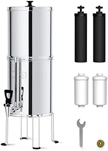 Waterdrop Gravity-fed Water Filter System, NSF/ANSI 372 Certification, 2.25G Stainless-Steel System with 4 Filters, Metal Water Level Spigot and Stand, Reduces Chlorine-King Tank Series, WD-TK-FS