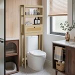 GORZING Over The Toilet Storage Cabinet, 3-Tier Behind Toilet Bathroom Organizer, Wooden Above Toilet Storage Shelf with Rattan Door, Space Saver for Restroom, Bathroom, Laundry