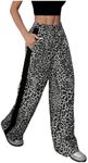 OYOANGLE Women's Leopard Print Elastic Waist Pants Y2K Patchwork Straight Leg Trousers Grey X-Small