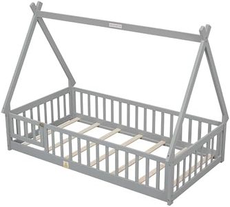 GarveeHome Twin Tent-Shaped Floor Bed, Pine Fun Playhouse Bed Frames, House Bed Frame with Roof, No Box Spring Needed, Twin Playhouse Bed for Kids Teens Boys Girls