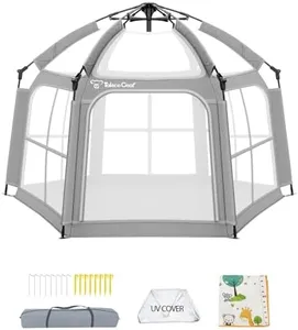 Baby Playpen with Canopy, Portable Indoor & Outdoor for Baby and Toddler, Foldable Pop up Playpen with Mat, Play Yard with Travel Bag, 6 Ground Stakes, 6 Sand Stakes