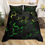 Honeycomb Bedding Duvet Cover Twin Size,Geometry Hexagon Theme with Green Yellow Neon Lights Comforter Cover,Boys Teen Man Chic Creative Home Bedding Quilt Cover 2Pcs with 1 Pillowcase,Black