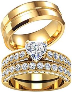 Two Rings His Hers Wedding Ring Sets Couples Rings Women's 10k Yellow Gold Plated White Heart CZ Wedding Engagement Ring Bridal Sets & Men's Titanium Wedding Band