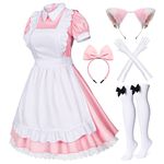 Wannsee Japanese Anime 6Pcs Lolita French Maid Apron Fancy Dress Cosplay Costume Gloves Headwear Socks set(Pink M)