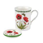 Botanic Garden Poppy Motif Mug and Coaster Set, Porcelain, Multi-Colour, 8.5 x 12 x 10.5 cm