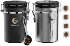 Coffee Canister - Coffee Gator Stainless Steel Coffee Container - Fresher Beans and Grounds for Longer - Date-Tracker, CO2-Release Valve and Measuring Scoop - 2-Pack, Silver/Gray