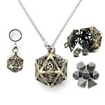 Haxtec Mini Metal DND Dice Set with Hollow Necklace Dice Case Antique Tiny Metal Dice Set D&D Keychain Portable 7PCS Dice Set