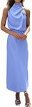 BTFBM Women's Sleeveless Cocktail Dresses Mock Neck Keyhole Elastic High Waist Wedding Guest Evening Party Maxi Dress(Solid Blue, X-Large)