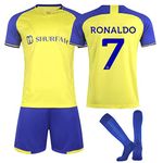 Al NASSR FC Away Jersey 23 24, 2023 2024 Boys' Tracksuits Football Kit Set Kids Boys' Football Training Shirts Shorts Tracksuit for Kids Soccer Jersey Football Kit Adult (No.7,Kids 10-11 Years)